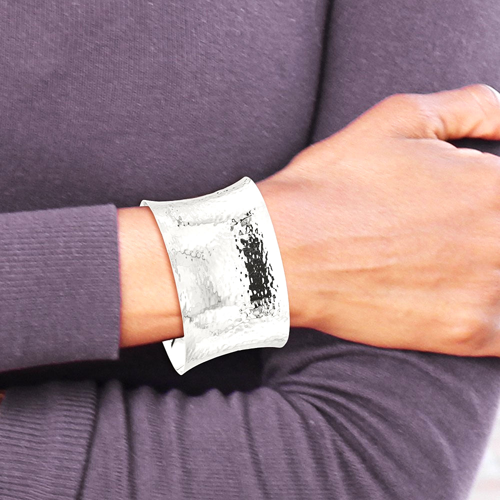 Sterling Silver 40mm Concave Hammered Cuff Bangle - Product Photo