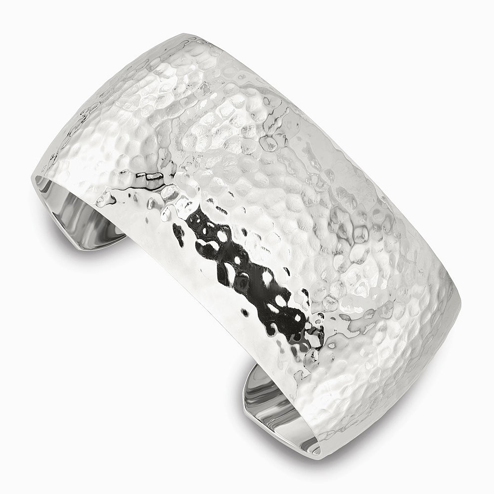 Sterling Silver 30mm Domed Hammered Cuff Bangle - Product Photo
