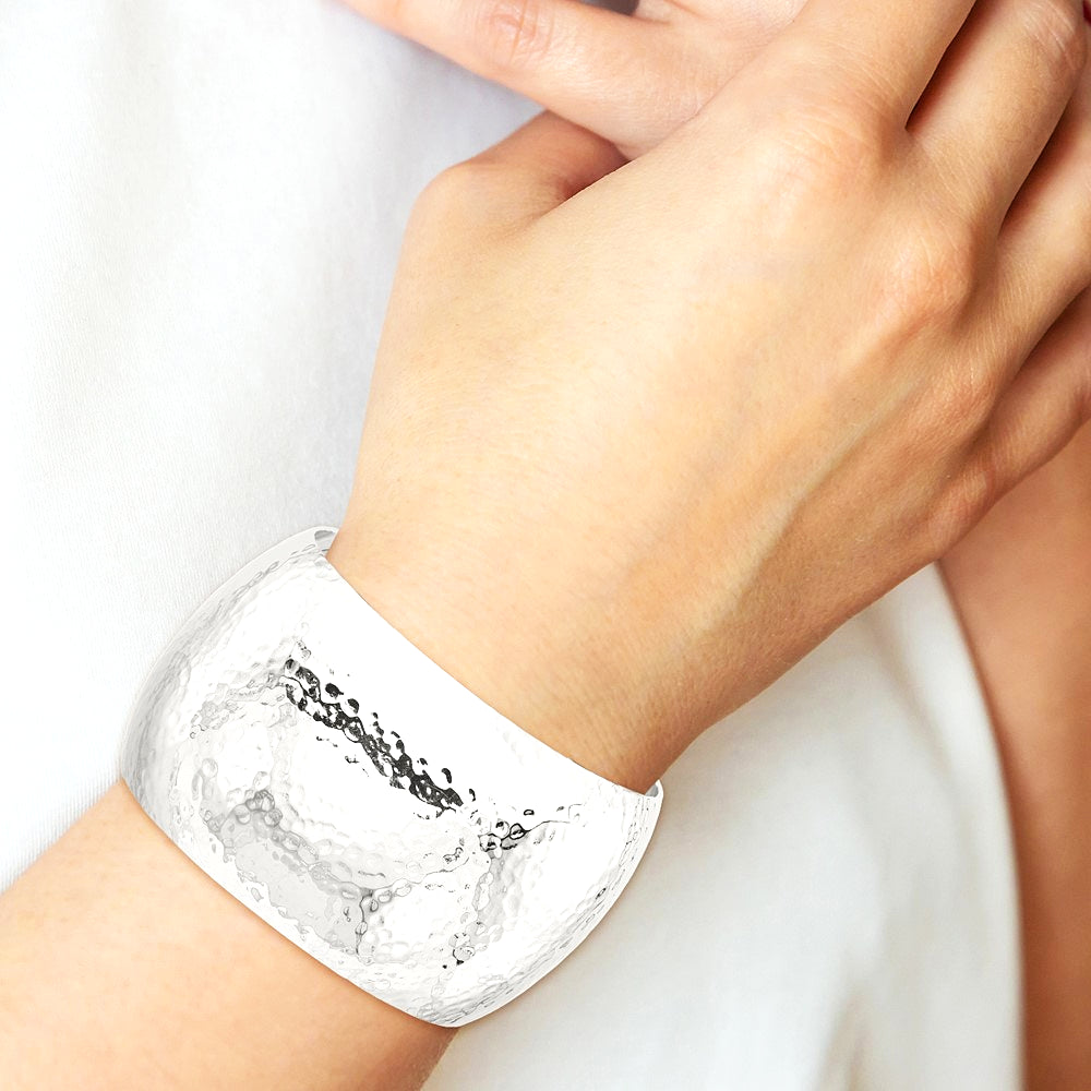 Sterling Silver 40mm Domed Hammered Cuff Bangle - Product Photo