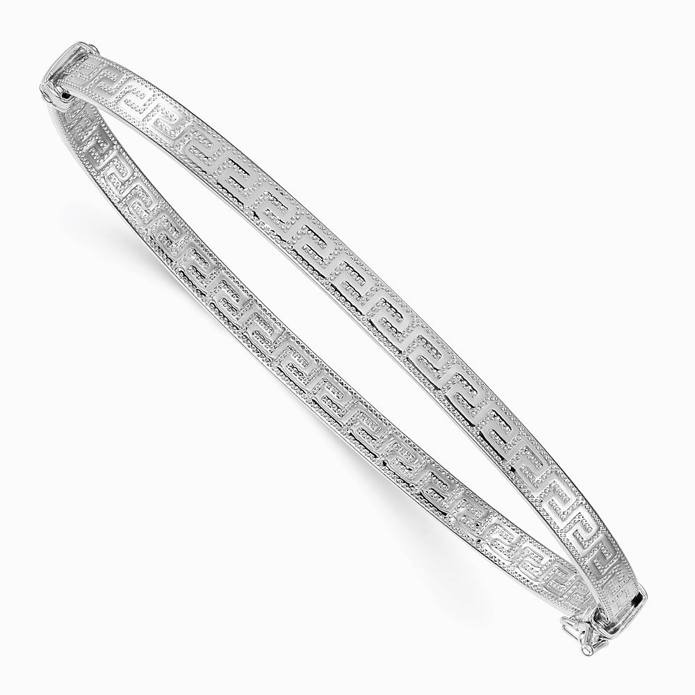 Sterling Silver RH-plated Polished Textured Greek Key Hinged Bangle - Product Photo