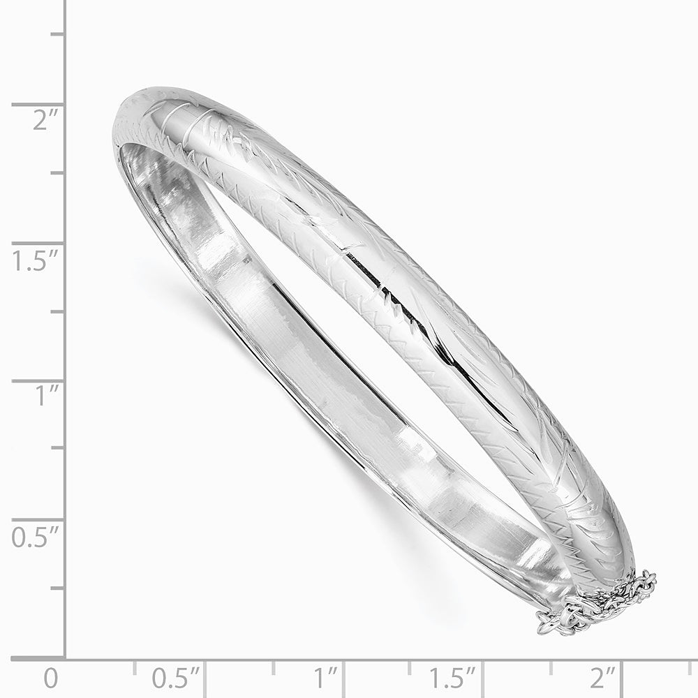 Sterling Silver Rhodium-plated 7mm Diamond-cut Fancy Hinged Bangle Bracelet - Product Photo