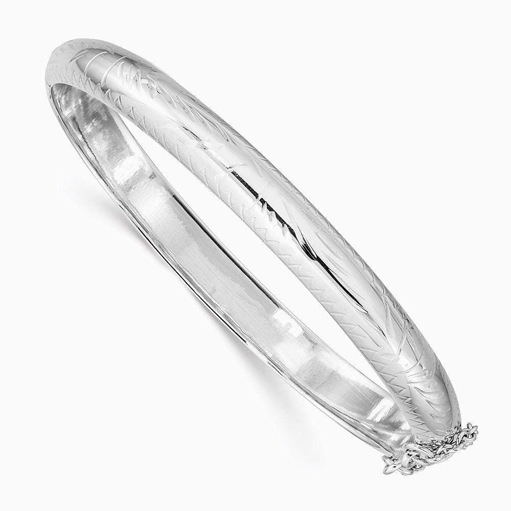 Sterling Silver Rhodium-plated 7mm Diamond-cut Fancy Hinged Bangle Bracelet