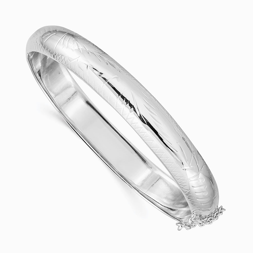 Sterling Silver Rhodium-plated 9.5mm Diamond-Cut Fancy Hinged Bangle Bracelet