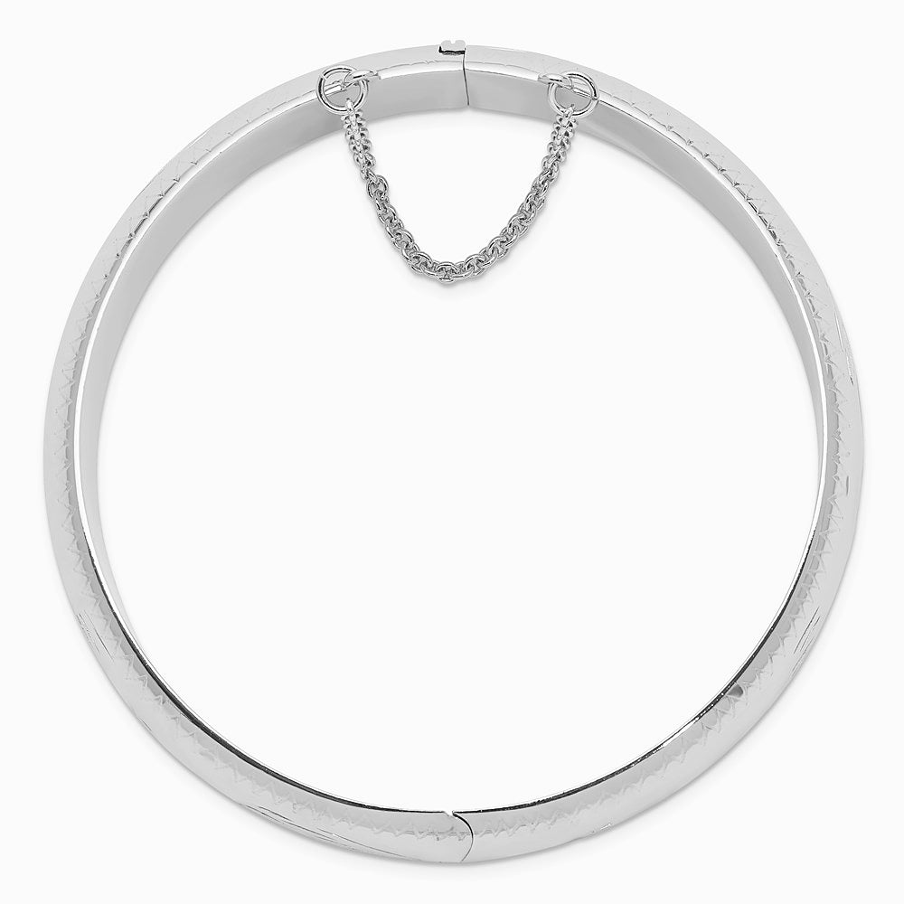 Sterling Silver Rhodium-plated Diamond-Cut 15mm Fancy Hinged Bangle Bracelet - Product Photo