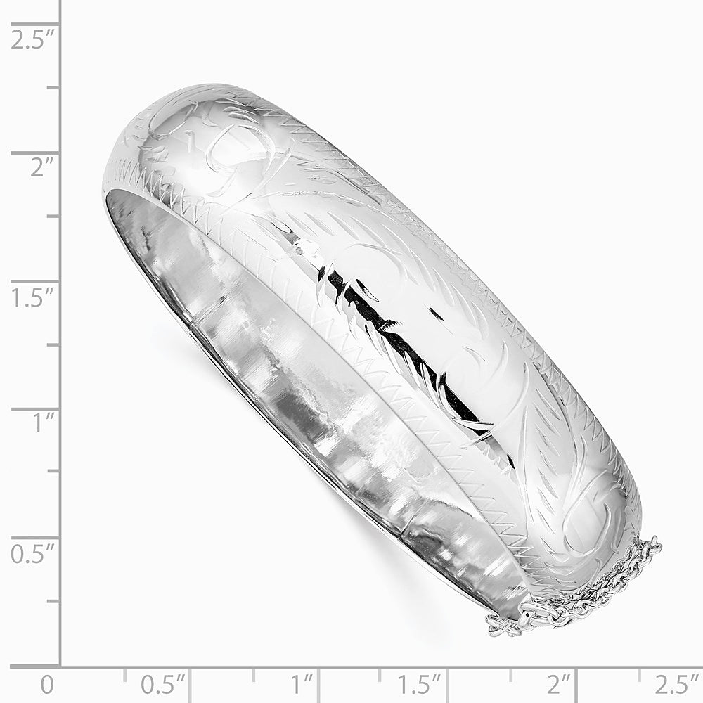 Sterling Silver Rhodium-plated Diamond-Cut 15mm Fancy Hinged Bangle Bracelet - Product Photo
