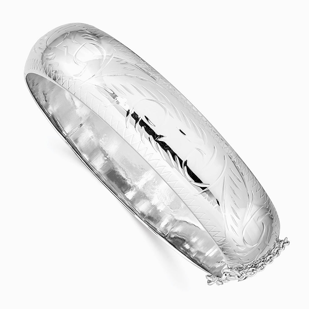 Sterling Silver Rhodium-plated Diamond-Cut 15mm Fancy Hinged Bangle Bracelet