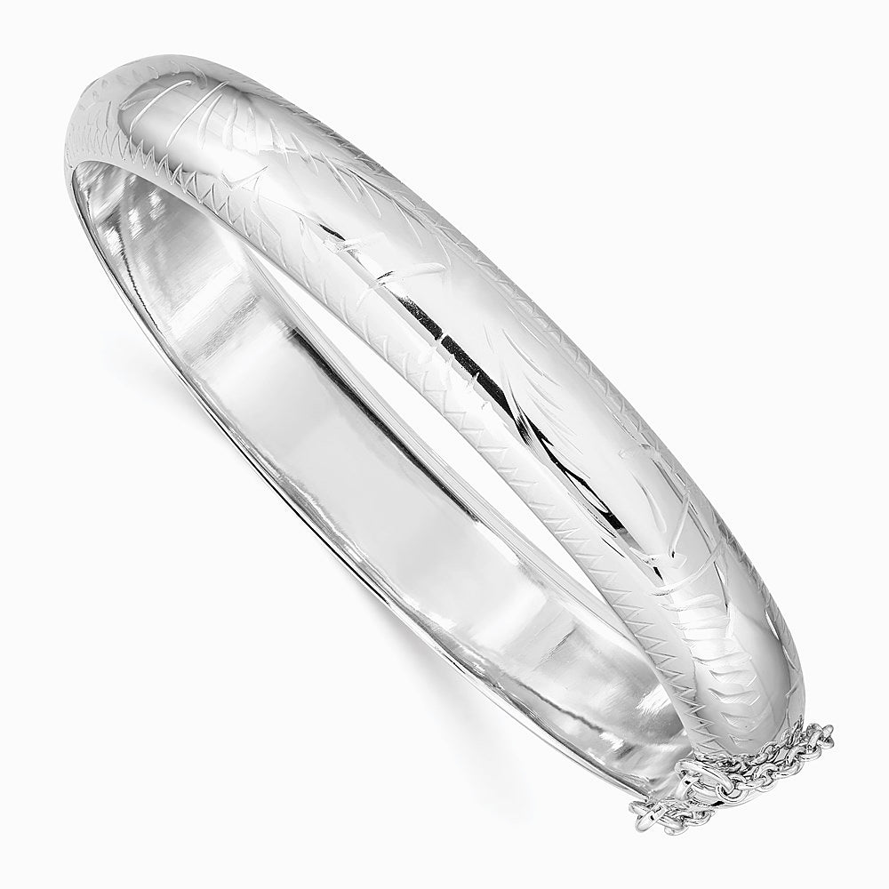 Sterling Silver Rhodium-plated Diamond-Cut 10.25mm Hinged Bangle Bracelet