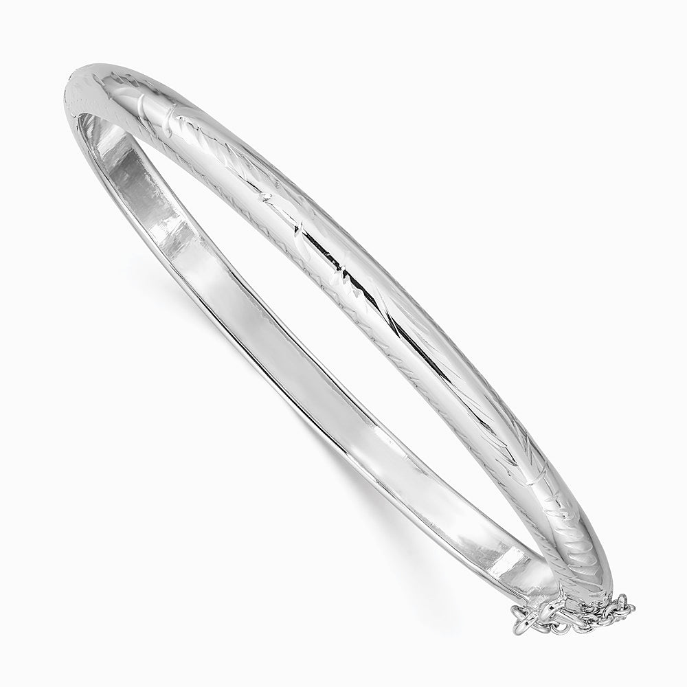 Sterling Silver Rhodium-plated 5mm Diamond-Cut Hinged Bangle Bracelet - Product Photo