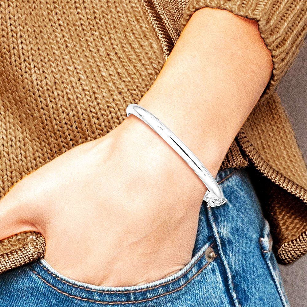 Sterling Silver Rhodium-plated 5mm with Chain Hinged Bangle - Product Photo