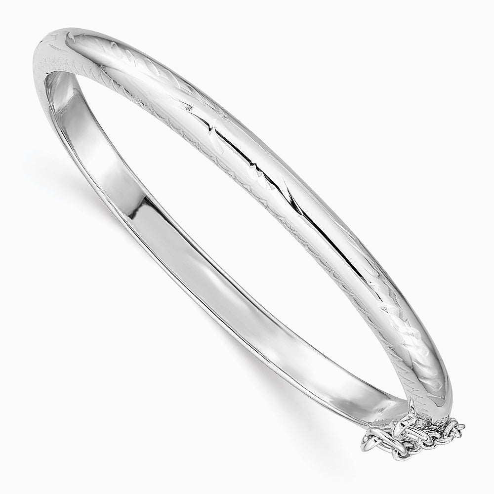Sterling Silver RH-plated Polished & Diamond-cut 4mm w/ Safety Hinged Children's Bangle