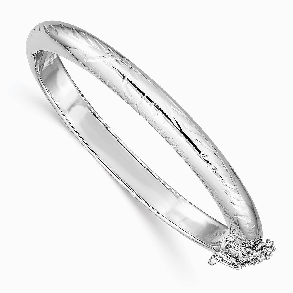 Sterling Silver RH-plated Polished & Diamond-cut 5mm w/ Safety Hinged Children's Bangle