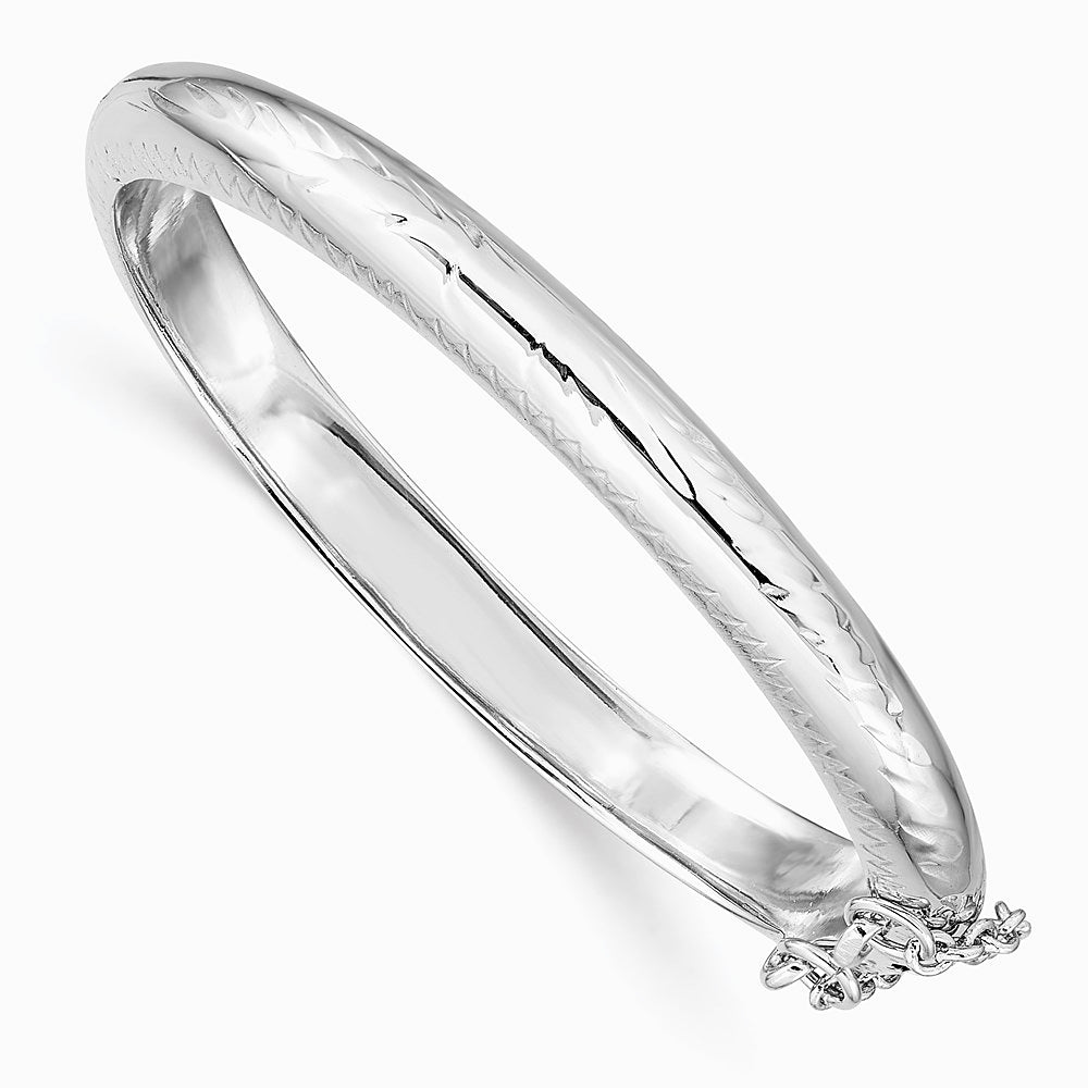 Sterling Silver RH-plated Polished & Diamond-cut 5mm w/ Safety Hinged Children's Bangle