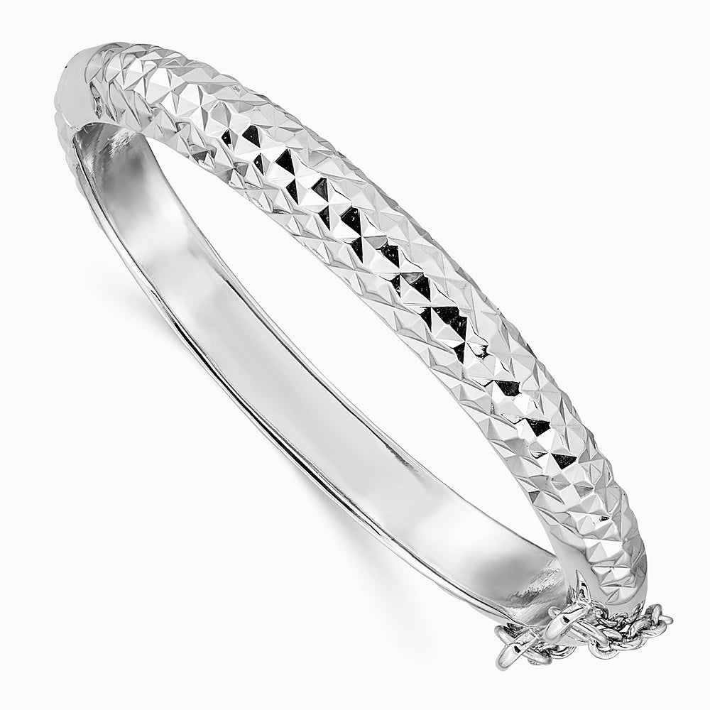 Sterling Silver RH-plated Polished & Diamond-cut 5.5mm w/ Safety Hinged Children's Bangle