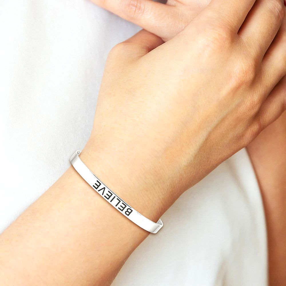 Sterling Silver Believe Antiqued Cuff Bangle - Product Photo