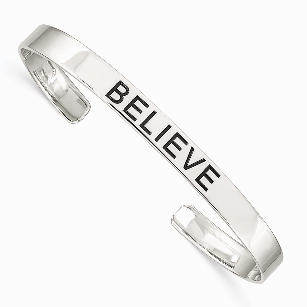 Sterling Silver Believe Antiqued Cuff Bangle - Product Photo