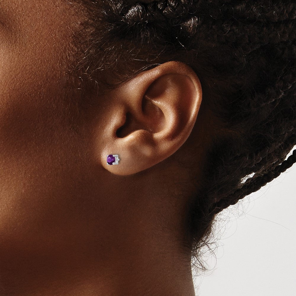 Sterling Silver Rhodium-plated 4mm Round Amethyst Post Earrings - Product Photo