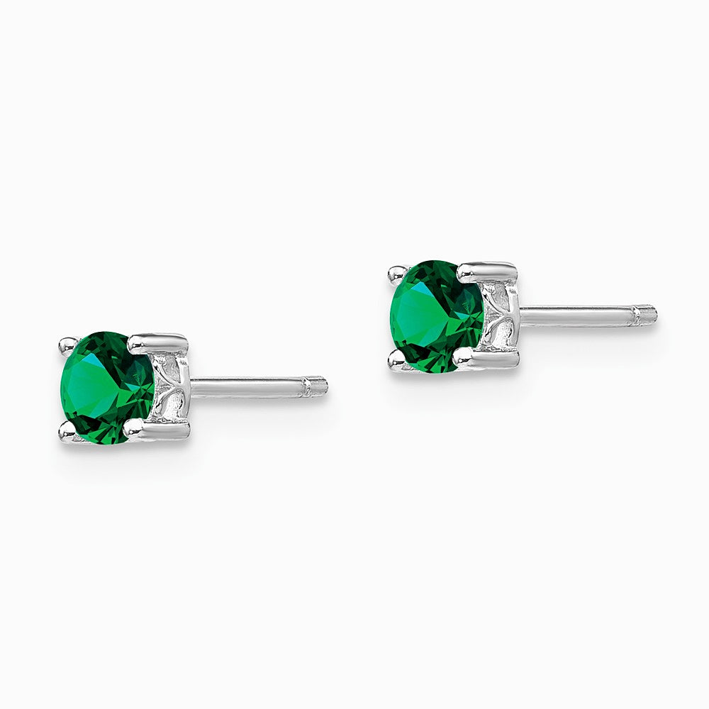 Sterling Silver Rhodium-plated 4mm Round Created Emerald Post Earrings - Product Photo