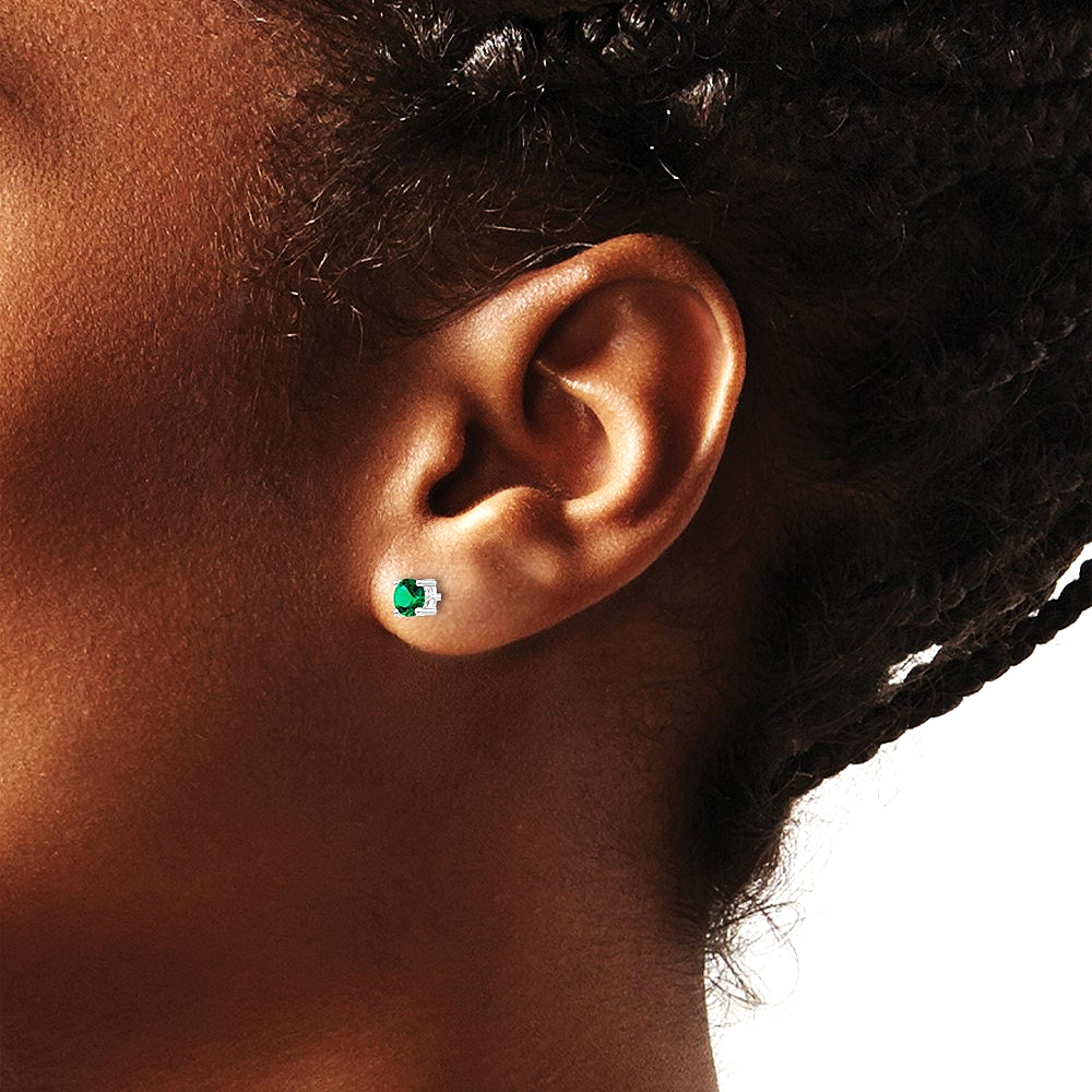 Sterling Silver Rhodium-plated 4mm Round Created Emerald Post Earrings - Product Photo