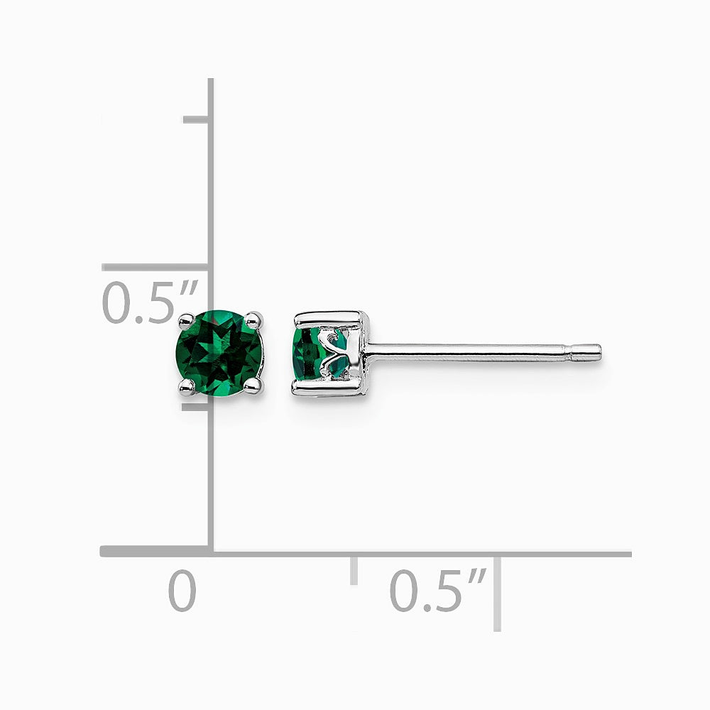 Sterling Silver Rhodium-plated 4mm Round Created Emerald Post Earrings - Product Photo