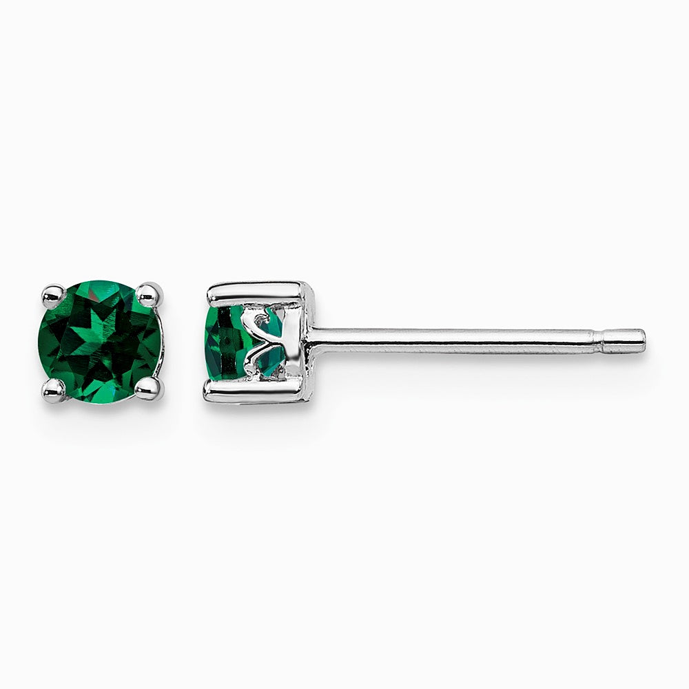 Sterling Silver Rhodium-plated 4mm Round Created Emerald Post Earrings - Product Photo
