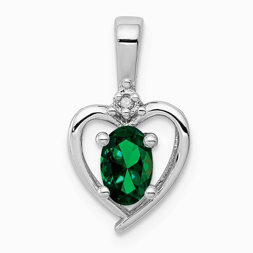 Sterling Silver Rhodium-plated Created Emerald & Diamond. Pendant - Product Photo