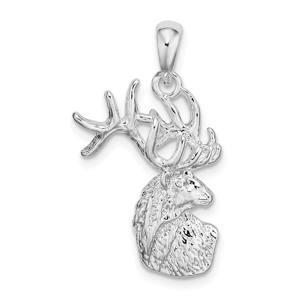 Sterling Silver Rhodium-plated Polished/Textured Deer Head Pendant - Product Photo
