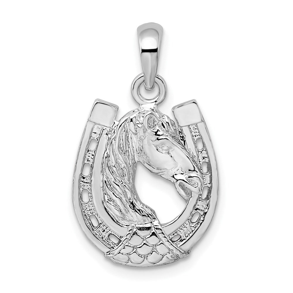Sterling Silver Rhod-plated Polished Horse Head in Horseshoe Pendant - Product Photo