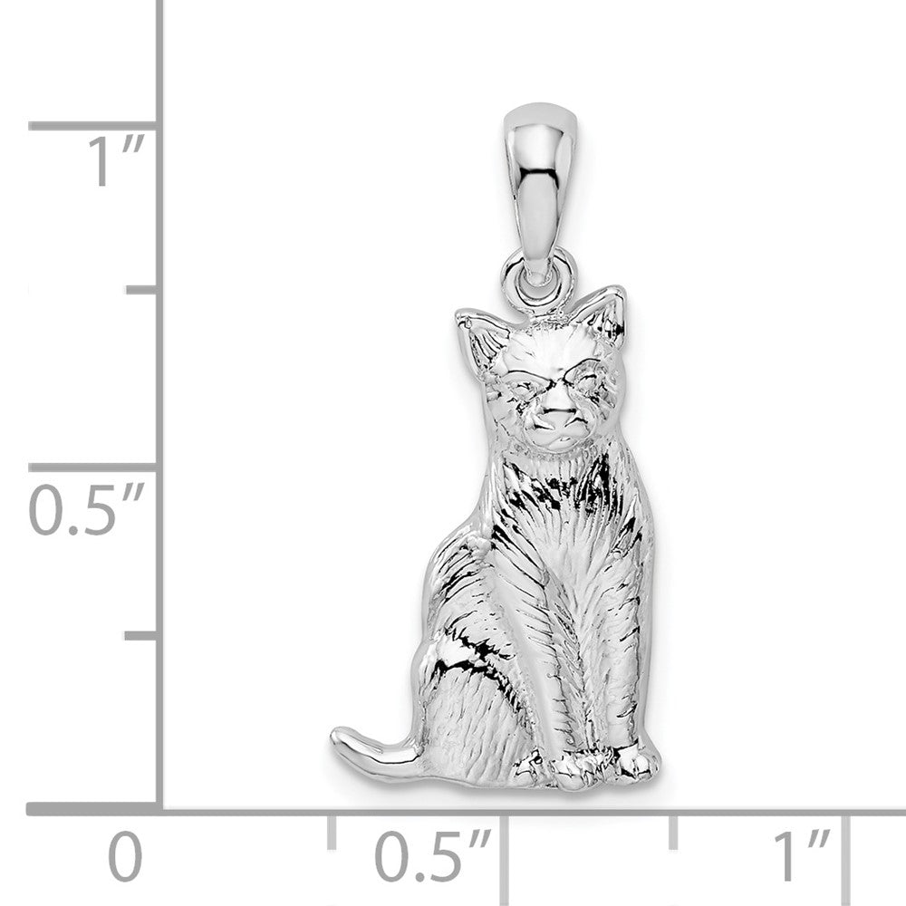 Sterling Silver Rhodium-plated Textured Sitting Cat Pendant - Product Photo
