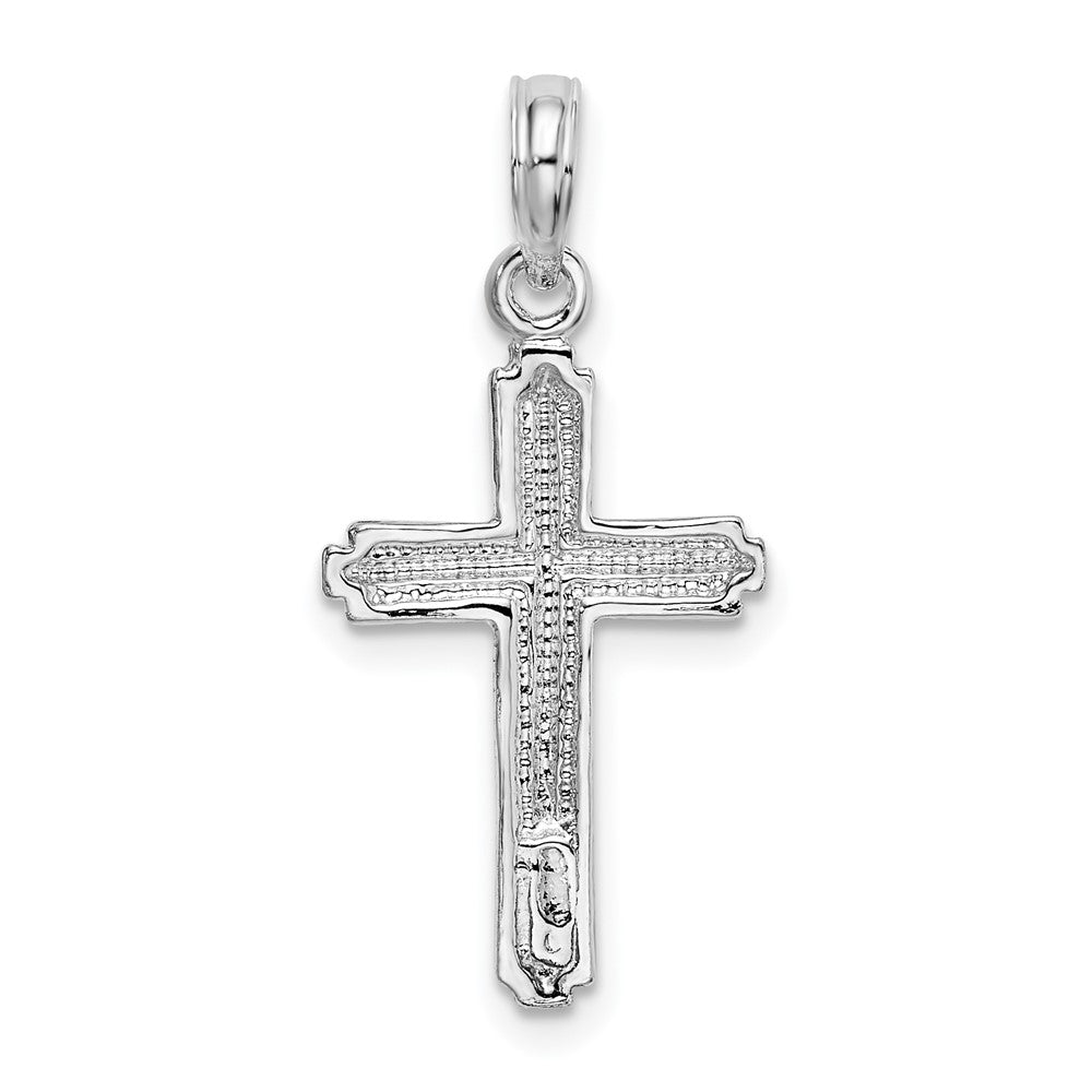 Sterling Silver Rhod-plated Polished Striped Border Latin Cross Pendant - Product Photo