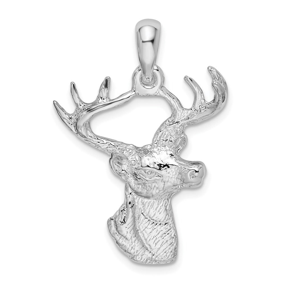 Sterling Silver Rhodium-plated 6-point Buck Deer Head Profile Pendant - Product Photo