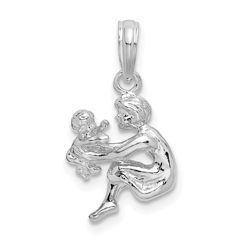 Sterling Silver Rhodium-plated Polished 3D Mother and Baby Pendant - Product Photo