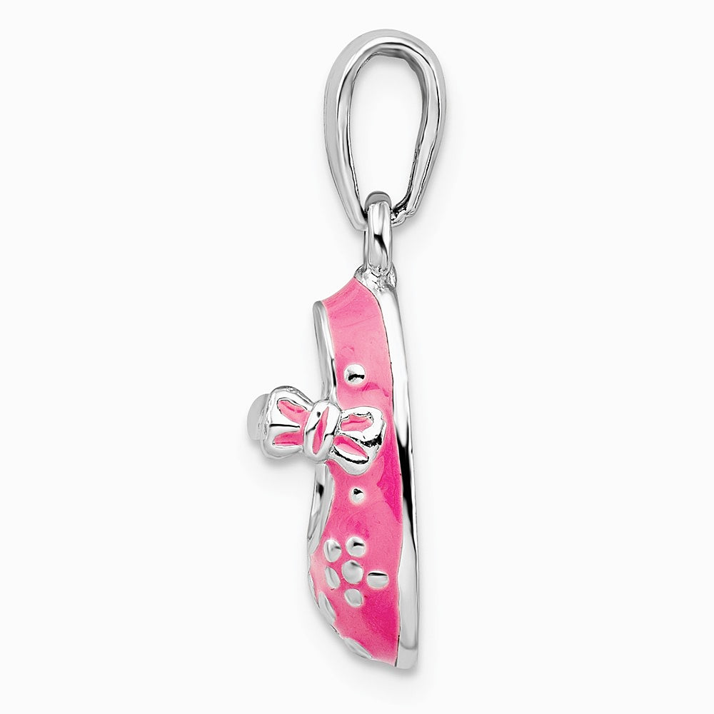 Sterling Silver Rhodium-plated 3D Pink Enameled Baby Shoe Pendant - Product Photo