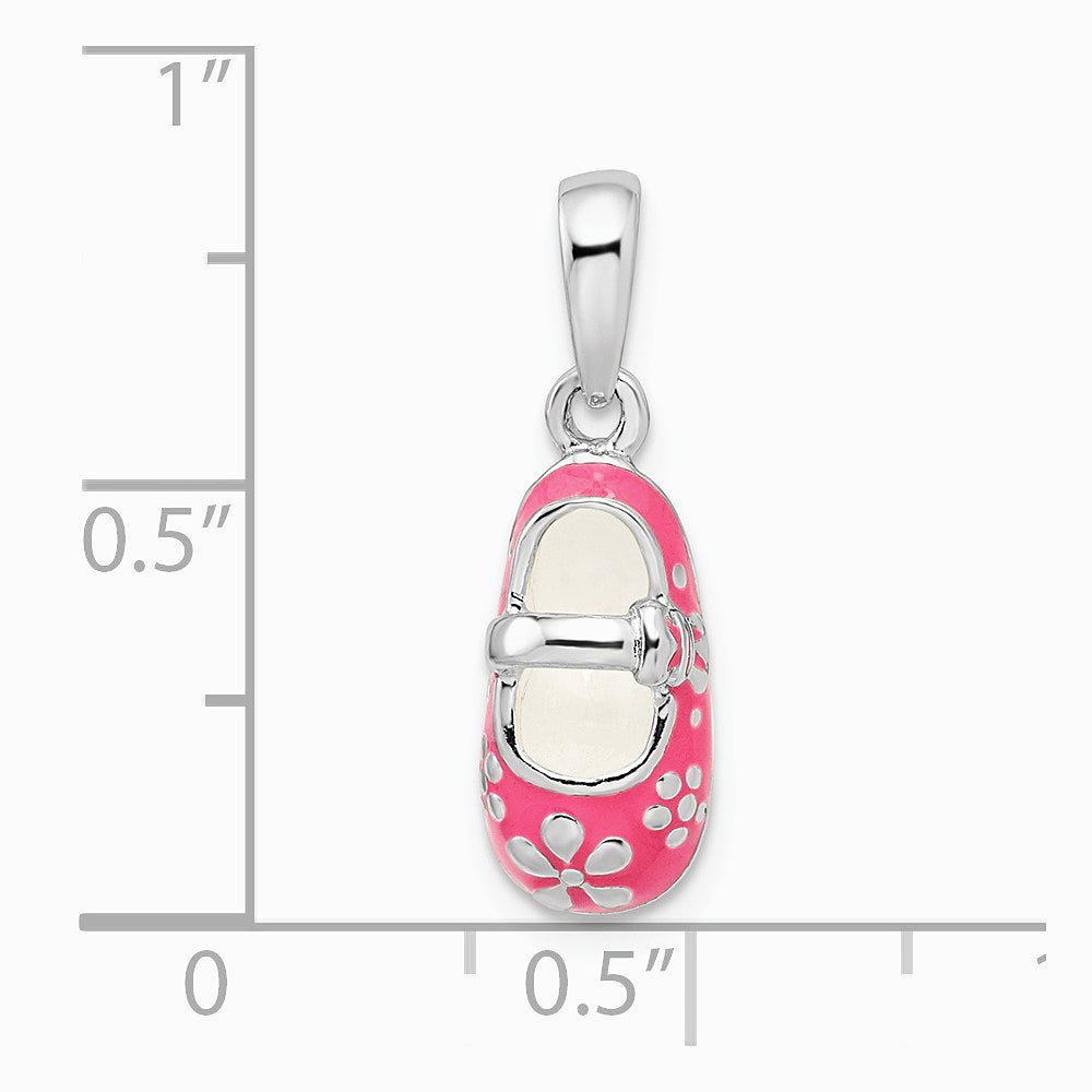 Sterling Silver Rhodium-plated 3D Pink Enameled Baby Shoe Pendant - Product Photo