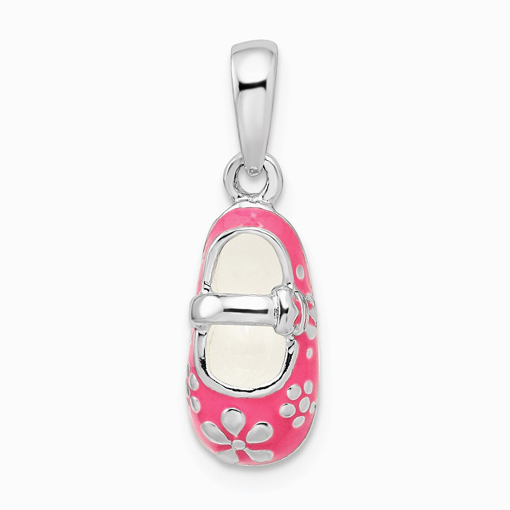 Sterling Silver Rhodium-plated 3D Pink Enameled Baby Shoe Pendant - Product Photo