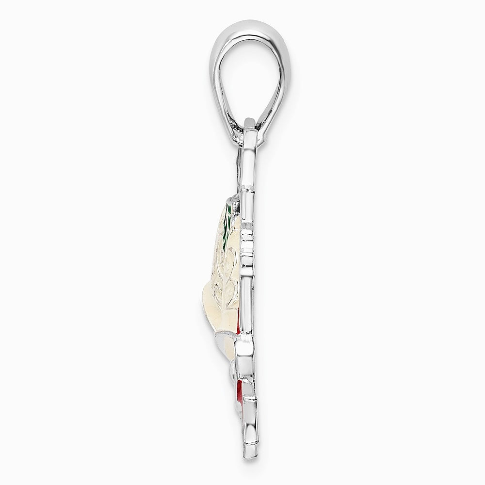 Sterling Silver Rhodium-plated Polished Enameled Bells/Holly Pendant - Product Photo
