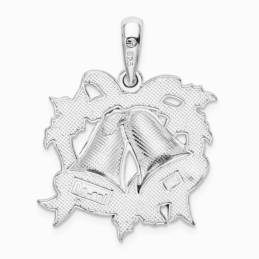 Sterling Silver Rhodium-plated Polished Enameled Bells/Holly Pendant - Product Photo