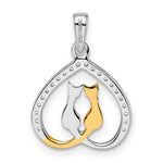 Sterling Silver RH-plated & Gold-plated CZ Heart w/Two Cats Pendant - Product Photo