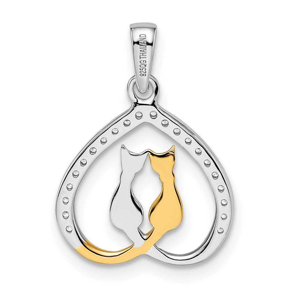 Sterling Silver RH-plated & Gold-plated CZ Heart w/Two Cats Pendant - Product Photo