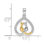 Sterling Silver RH-plated & Gold-plated CZ Heart w/Two Cats Pendant - Product Photo