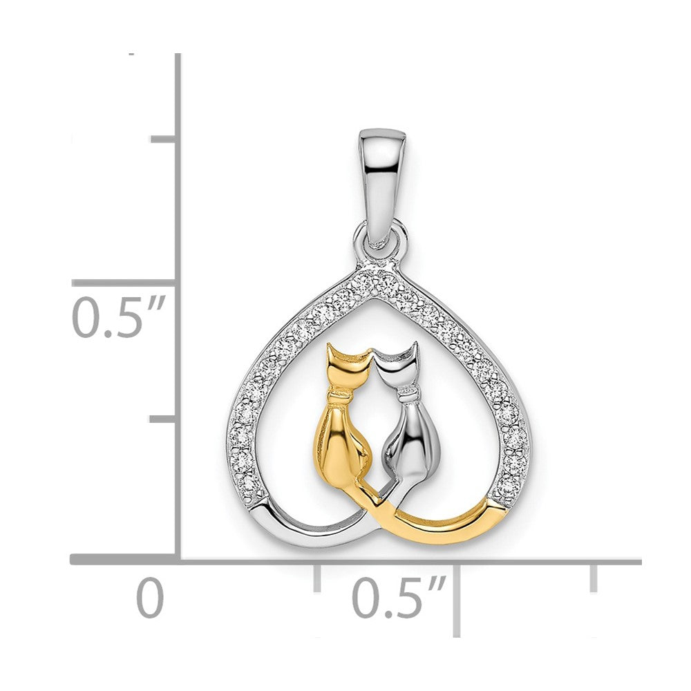 Sterling Silver RH-plated & Gold-plated CZ Heart w/Two Cats Pendant - Product Photo