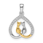 Sterling Silver RH-plated & Gold-plated CZ Heart w/Two Cats Pendant - Product Photo