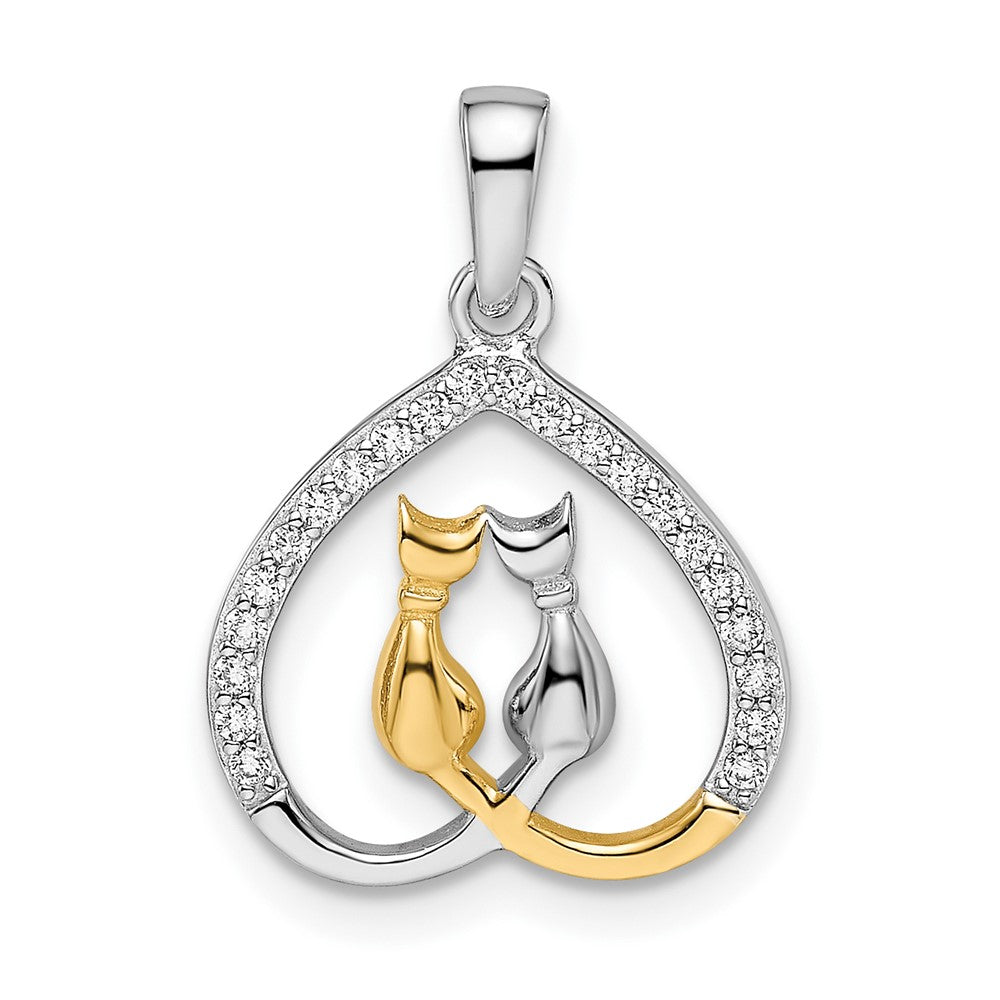 Sterling Silver RH-plated & Gold-plated CZ Heart with Two Cats Pendant