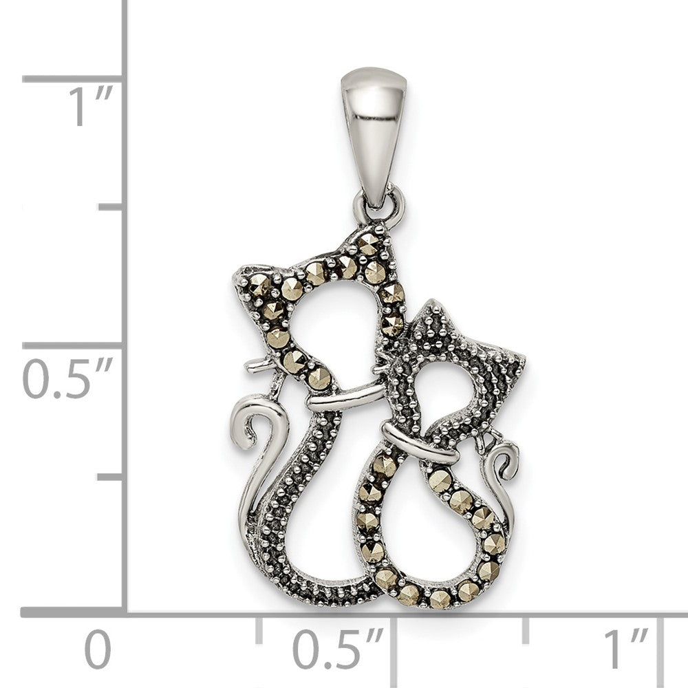 Sterling Silver Antiqued Polished Marcasite Cats Pendant - Product Photo