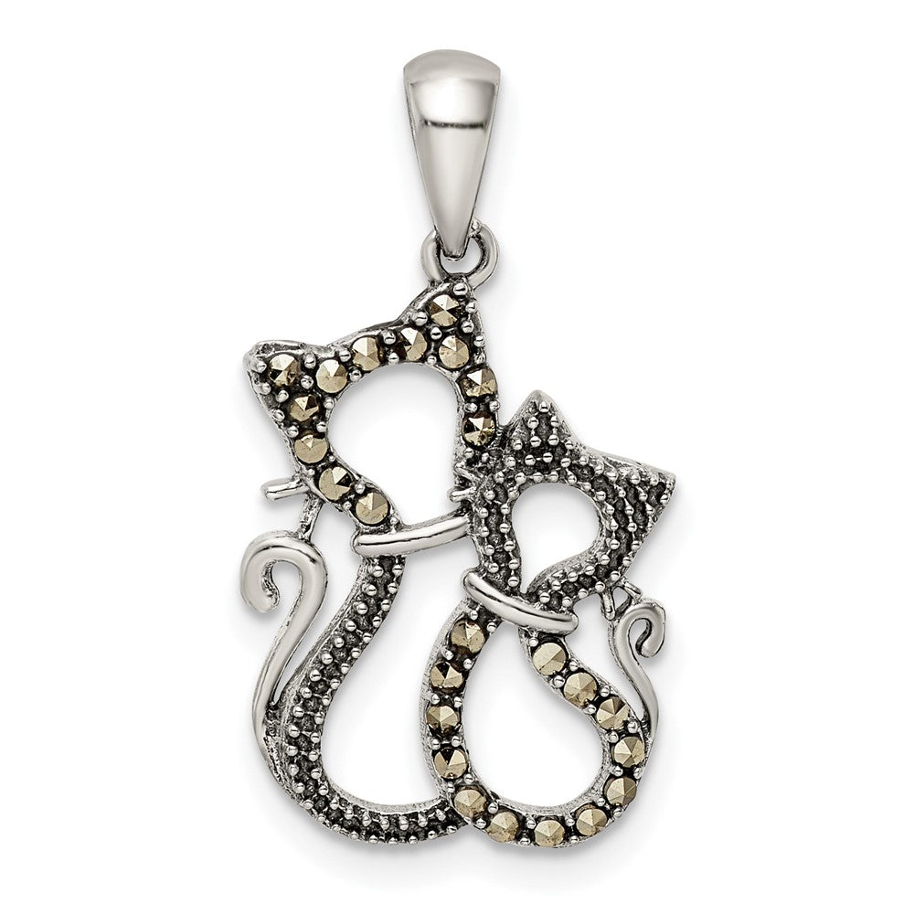 Sterling Silver Antiqued Polished Marcasite Cats Pendant - Product Photo