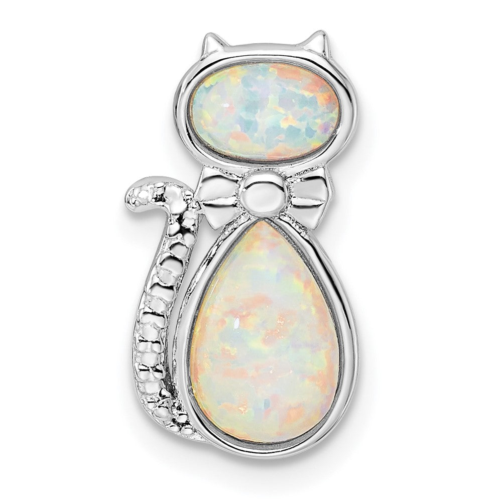 Sterling Silver Rhodium-plated White Created Opal Cat Chain Slide - Product Photo
