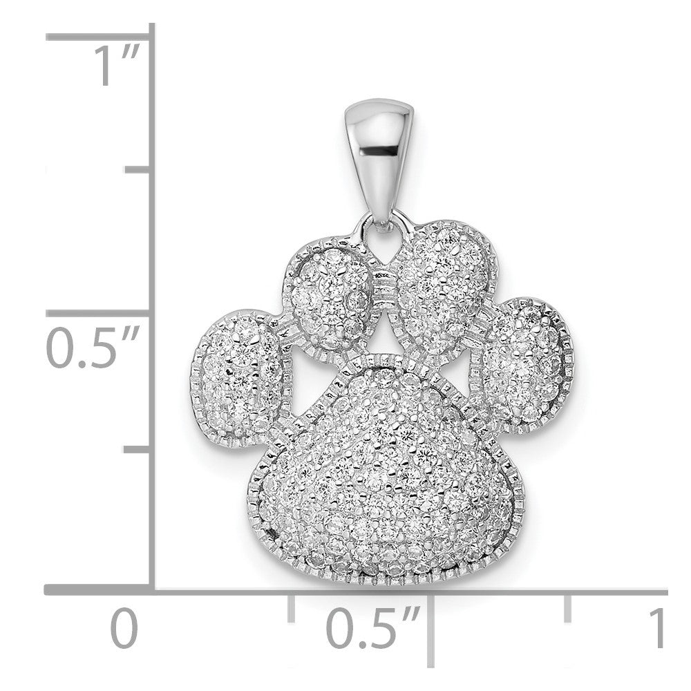 Sterling Silver Rhodium-plated Polished CZ Paw Print Pendant - Product Photo