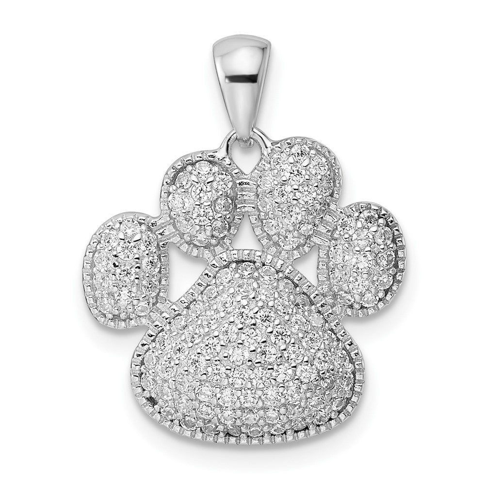 Sterling Silver Rhodium-plated Polished CZ Paw Print Pendant - Product Photo