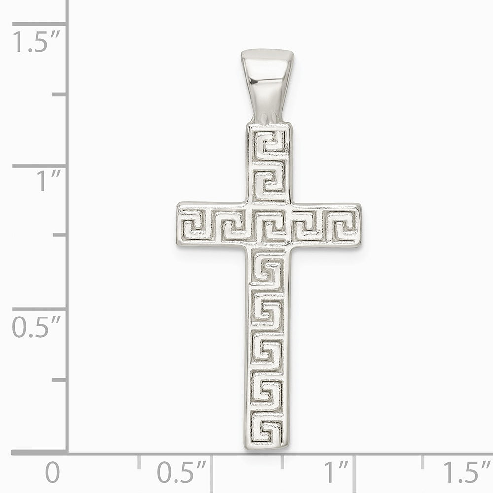 Sterling Silver Polished Greek Key Hollow Latin Cross Pendant - Product Photo