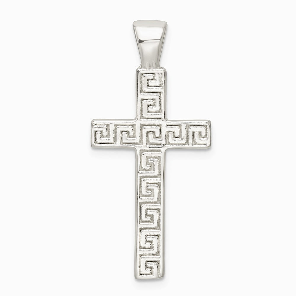 Sterling Silver Polished Greek Key Hollow Latin Cross Pendant