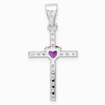Sterling Silver Rhodium-plated Pink CZ Heart and Clear CZ Cross Pendant - Product Photo